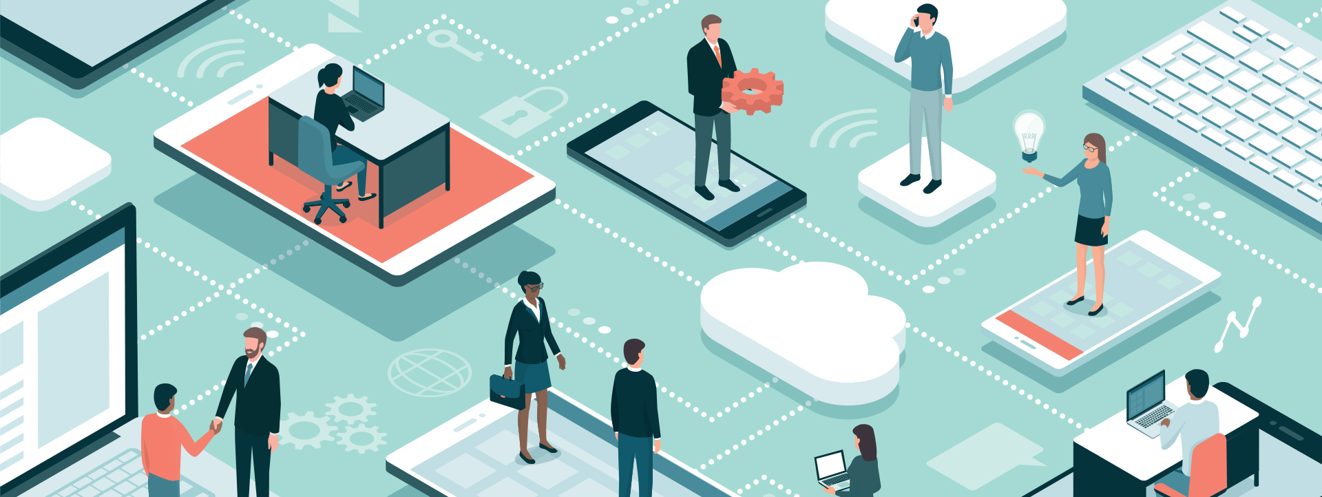 Abstract vector image of people using technology at work