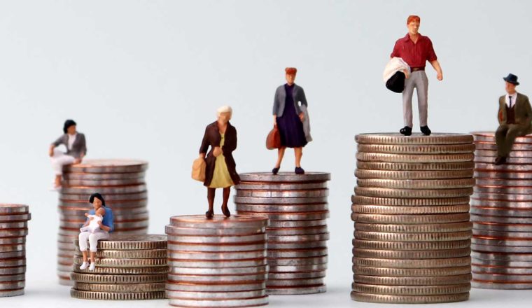 Figures standing on different piles of money
