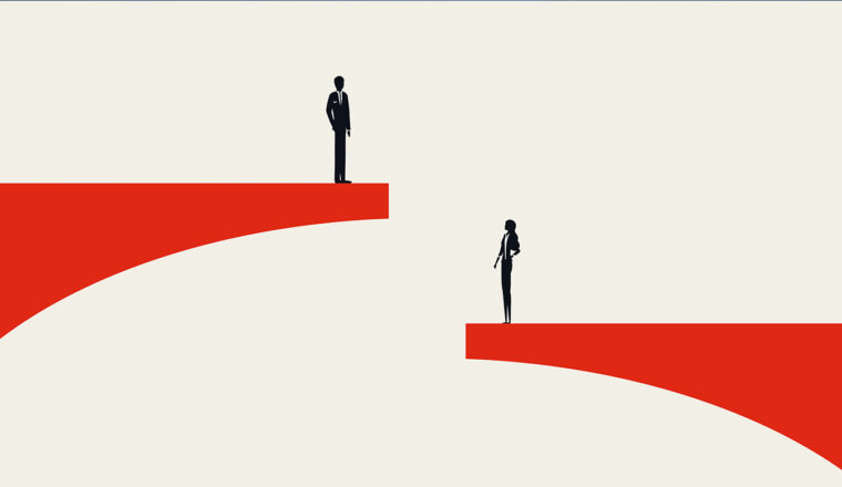 A bridge separated by a gap with one person stood on a higher section and one on a lower section