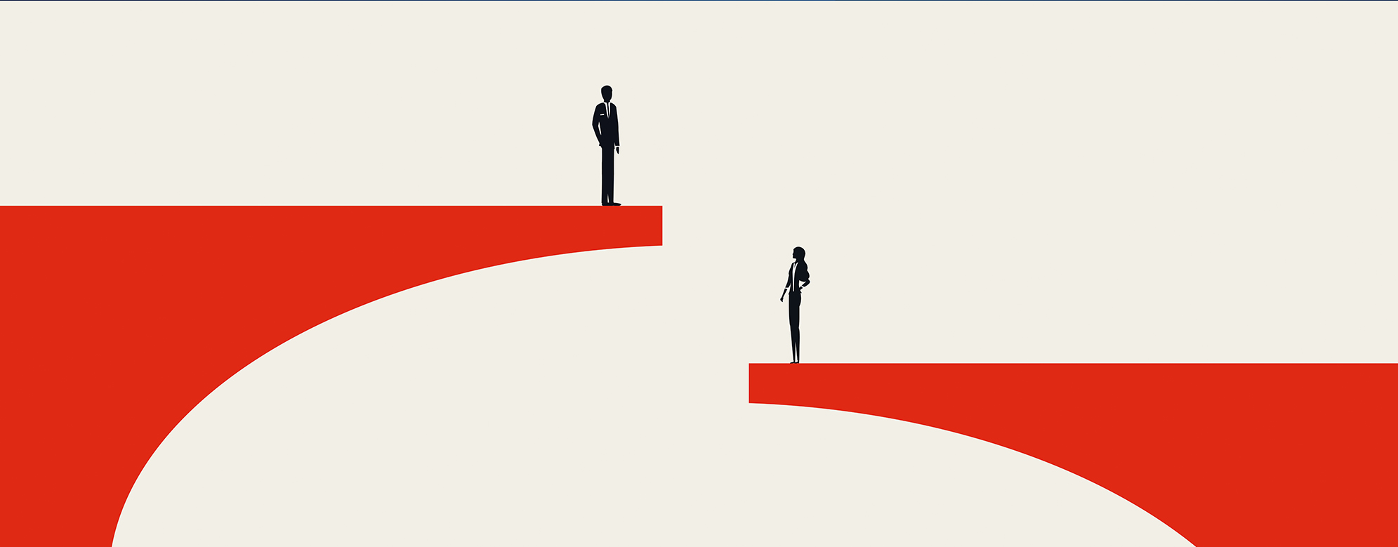 A bridge separated by a gap with one person stood on a higher section and one on a lower section